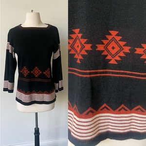 Vintage Black Bell Sleeve Boho Sweater 1970’s Southwestern Print Hippie Sweater